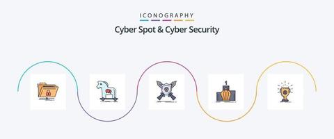 cyber plek en cyber veiligheid lijn gevulde vlak 5 icoon pak inclusief leiderschap. kroon. trojaans. Zwaarden. spel vector