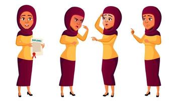 tiener meisje poses reeks vector. arabisch, moslim. actief, uitdrukking. voor presentatie, afdrukken, uitnodiging ontwerp. geïsoleerd tekenfilm illustratie vector