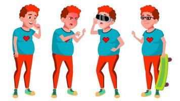tiener jongen poses reeks vector. rood hoofd. vr bril. dik gamer. positief persoon. voor ansichtkaart, omslag, aanplakbiljet ontwerp. geïsoleerd tekenfilm illustratie vector