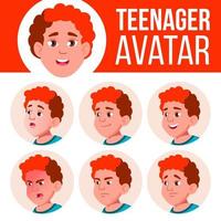 tiener jongen avatar reeks vector. gezicht emoties. kinderen. rood hoofd. dik gamer. mooi, grappig. tekenfilm hoofd illustratie vector