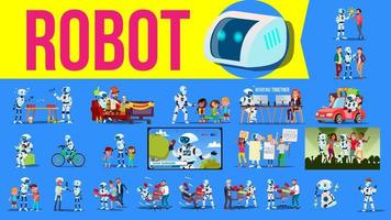 robot helper reeks vector. toekomst levensstijl situaties. werken, communiceren samen. cyborg, ai futuristische humanoid karakter. kunstmatig intelligentie. web ontwerp. robot technologie illustratie vector