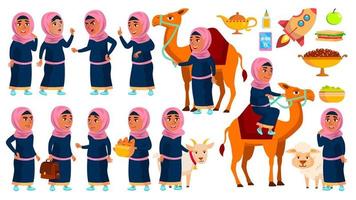 arabisch, moslim meisje school, meisje kind poses reeks vector. primair school- kind. studie. kennis, leren, les. kameel, schaap, geit. voor traditioneel kleren. geïsoleerd tekenfilm illustratie vector