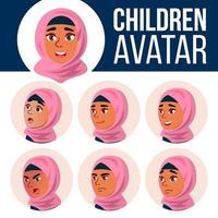 arabisch, moslim meisje avatar reeks kind vector. primair school. gezicht emoties. gezichtsbehandeling, mensen. juichen, mooi. kaart, advertentie. tekenfilm hoofd illustratie vector