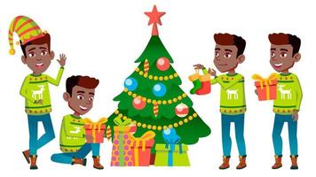 Kerstmis jongen reeks vector. zwart. afro Amerikaans. nieuw jaar. voor ansichtkaart, omslag, aanplakbiljet ontwerp. geïsoleerd tekenfilm illustratie vector