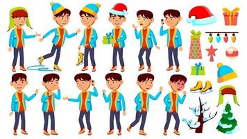 Aziatisch jongen schooljongen kind poses reeks vector. kerst, nieuw jaar. jeugd, Kaukasisch. voor kaart, advertentie, groet ontwerp. geïsoleerd tekenfilm illustratie vector