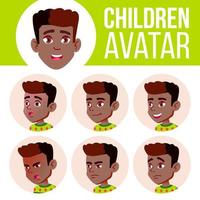 jongen avatar reeks kind vector. zwart. afro Amerikaans. primair school. gezicht emoties. primair, kind leerling. leven, emotioneel. tekenfilm hoofd illustratie vector