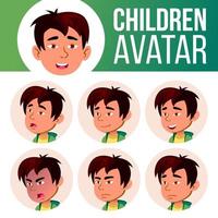 Aziatisch jongen avatar reeks kind vector. primair school. gezicht emoties. gezichtsbehandeling, mensen. schattig, grappig. banier, folder. tekenfilm hoofd illustratie vector