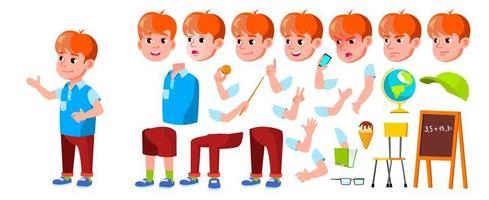 jongen schooljongen kind vector. primair school- kind. animatie creatie set. vrolijk leerling. vrienden. emotioneel. voor presentatie, afdrukken, uitnodiging ontwerp. gezicht emoties. geanimeerd. tekenfilm illustratie vector