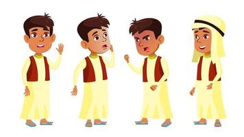 arabisch, moslim jongen schooljongen kind poses reeks vector. primair school- kind. weinig kind. gezicht. voor ansichtkaart, omslag, aanplakbiljet ontwerp. geïsoleerd tekenfilm illustratie vector