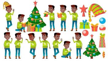 Kerstmis jongen poses reeks vector. zwart. afro Amerikaans. nieuw jaar. actief schattig kind. voor web, brochure, poster ontwerp. geïsoleerd tekenfilm illustratie vector