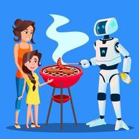 robot voorbereidingen treffen een barbecue voor familie vector. geïsoleerd illustratie vector