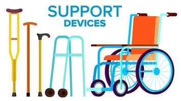 ondersteuning items vector. wandelen stok, rolstoel. geïsoleerd vlak tekenfilm illustratie vector