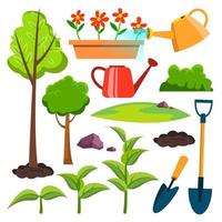 tuin pictogrammen vector. gieter kan, Schep, jonge boom, plant, gieter bloemen. geïsoleerd vlak tekenfilm illustratie vector