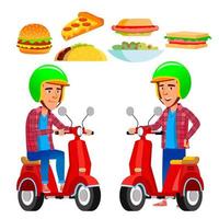 voedsel levering onderhoud vector. rood scooter. Mens. pizza. geïsoleerd vlak tekenfilm illustratie vector