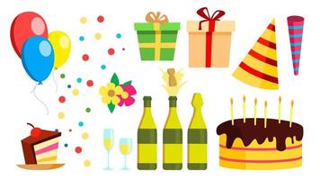 verjaardag partij ontwerp elementen vector. viering elementen. hoed, Champagne, taart, geschenken. geïsoleerd tekenfilm illustratie vector