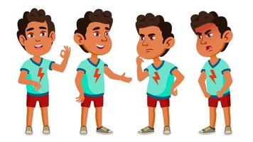 arabisch, moslim jongen kleuterschool kind poses reeks vector. vriendelijk weinig kinderen. schattig, grappig. voor web, brochure, poster ontwerp. geïsoleerd tekenfilm illustratie vector