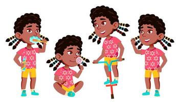 meisje kleuterschool kind poses reeks vector. zwart. afro Amerikaans. gelukkig mooi kinderen karakter. voor reclame, boekje, aanplakbiljet ontwerp. geïsoleerd tekenfilm illustratie vector