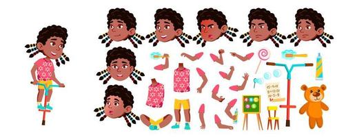 meisje kleuterschool kind vector. zwart. afro Amerikaans. animatie creatie set. gezicht emoties, gebaren. actief, vreugde kleuter spelen. voor ansichtkaart, omslag, aanplakbiljet ontwerp. geanimeerd. illustratie vector
