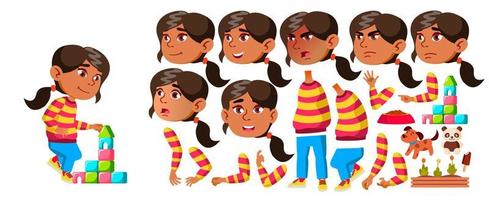 arabisch, moslim meisje kleuterschool kind vector. animatie creatie set. gezicht emoties, gebaren. gelukkig kinderen karakter. babysitten. kaart, advertentie, groet ontwerp. geanimeerd. geïsoleerd illustratie vector