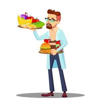 voedingsdeskundige met fruit en hamburgers in handen, gezond en ongezond voedsel vector. geïsoleerd tekenfilm illustratie vector