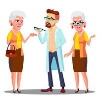 Europese oogarts dokter geven bril naar oud vrouw geduldig met visie probleem vector. geïsoleerd tekenfilm illustratie vector