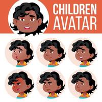 zwart, afro Amerikaans jongen avatar reeks kind vector. kleuterschool. gezicht emoties. portret, gebruiker, kind. junior, peuter, kind. kleurrijk ontwerp. tekenfilm hoofd illustratie vector