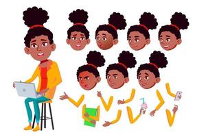 tiener meisje vector. tiener. zwart. afro Amerikaans. vrienden, leven. emotioneel, houding. gezicht emoties, divers gebaren. animatie creatie set. geïsoleerd vlak tekenfilm karakter illustratie vector