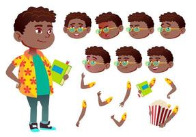 jongen, kind, kind, tiener vector. zwart. afro Amerikaans. schoolkinderen, tiener. gezicht emoties, divers gebaren. animatie creatie set. geïsoleerd vlak tekenfilm karakter illustratie vector