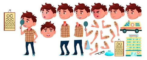 jongen kleuterschool kind vector. animatie set. emoties, gebaren. ziekenhuis, dokter, ziekte, zicht, breuk, virus, hoesten. aanplakbiljet ontwerp. geanimeerd. geïsoleerd tekenfilm illustratie vector