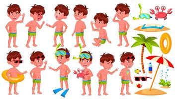 jongen kleuterschool kind poses reeks vector. peuter, jeugd. glimlach. uitgekleed. zomer vakantie. water park, zwembad, strand. voor web, poster, boekje ontwerp. geïsoleerd tekenfilm illustratie vector