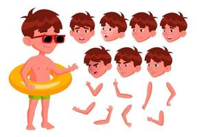 jongen kind vector. positief kind in water park. emoties, gebaren. zomer vakantie. animatie creatie set. geïsoleerd vlak tekenfilm karakter illustratie vector