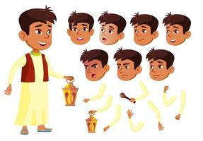 arabisch, moslim tiener jongen vector. tiener. plezier, vrolijk. gezicht emoties, divers gebaren. animatie creatie set. geïsoleerd vlak tekenfilm karakter illustratie vector