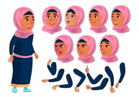 arabisch, moslim tiener meisje vector. tiener. positief. gezicht emoties, divers gebaren. animatie creatie set. geïsoleerd vlak tekenfilm karakter illustratie vector