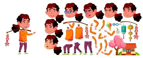 Aziatisch meisje kleuterschool kind vector. animatie creatie set. gezicht emoties, gebaren. kleuter spelen. vriendschap. voor reclame, aanplakbiljet, afdrukken ontwerp. geanimeerd. geïsoleerd tekenfilm illustratie vector