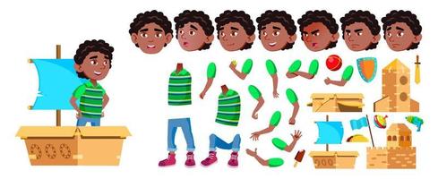 zwart, afro Amerikaans jongen kleuterschool kind vector. animatie creatie set. emoties, gebaren. weinig kinderen. karton doos speelgoed. ontwerp element. geanimeerd. geïsoleerd tekenfilm illustratie vector