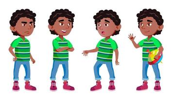 zwart, afro Amerikaans jongen kleuterschool kind poses reeks vector. peuter, jeugd. vriend. voor omslag, aanplakbiljet ontwerp. geïsoleerd tekenfilm illustratie vector