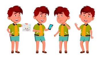 Aziatisch jongen kleuterschool kind poses reeks vector. gelukkig mooi kinderen karakter. voor reclame, boekje, aanplakbiljet ontwerp. geïsoleerd tekenfilm illustratie vector