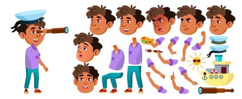 arabisch, moslim jongen kleuterschool kind vector. animatie creatie set. gezicht emoties, gebaren. peuter. jong persoon. vrolijk. reclame, boekje, aanplakbiljet ontwerp. geanimeerd. illustratie vector