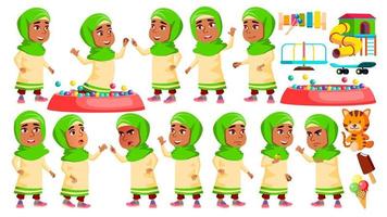 arabisch, moslim meisje kleuterschool kind poses reeks vector. Kaukasisch kind uitdrukking. werkzaamheid. voor banier, folder, web ontwerp. geïsoleerd tekenfilm illustratie vector