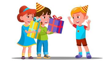 kinderen geven verjaardag cadeaus naar een vriend vector. geïsoleerd illustratie vector