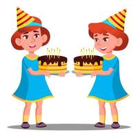 gelukkig weinig meisje in partij pet houdt een verjaardag taart in handen vector. geïsoleerd illustratie vector