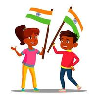 gelukkig Indisch kinderen golvend vlaggen van Indië Aan onafhankelijkheid dag vector. geïsoleerd illustratie vector