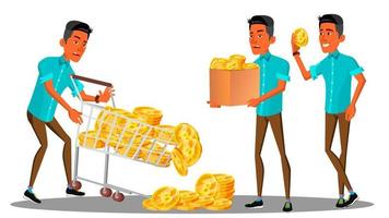 boos zakenman draagt een bundel van bitcoin in een trolley en stortplaatsen hen in een stortplaats vector. illustratie vector