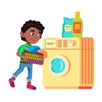 jongen kind aan het doen wasserij in het wassen machine vector