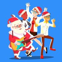 de kerstman claus dansen met groep van mensen en gitaar in handen. Kerstmis partij vector illustratie