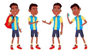 jongen schooljongen kind poses reeks vector. hoog school- kind. zwart. afro Amerikaans. kinderen studie. kennis, leren, les. voor reclame, aanplakbiljet, afdrukken ontwerp. geïsoleerd tekenfilm illustratie vector