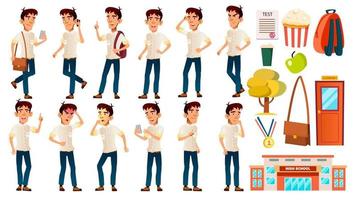 Aziatisch jongen schooljongen kind poses reeks vector. emotioneel. wit shirt. hoog school- kind. kinderen studie. kennis, leren, les. voor reclame, aanplakbiljet, afdrukken ontwerp. geïsoleerd tekenfilm illustratie vector