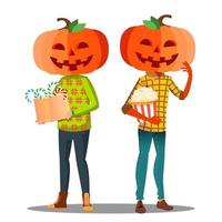 jongen, meisje met een pompoen in plaats daarvan van hoofd en een mand van snoepgoed in hand- vector. halloween geïsoleerd illustratie vector