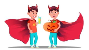 weinig jongen met duivel hoorns, mantel en Holding pompoen in handen vector. halloween geïsoleerd illustratie vector