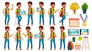 arabisch, moslim jongen schooljongen kind poses reeks vector. hoog school- kind. school- leerling. uitdrukking, gelukkig jeugd, positief persoon. voor banier, folder, brochure ontwerp. geïsoleerd tekenfilm illustratie vector